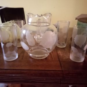 Vintage floral frosted glass pitcher and 5 glasses
